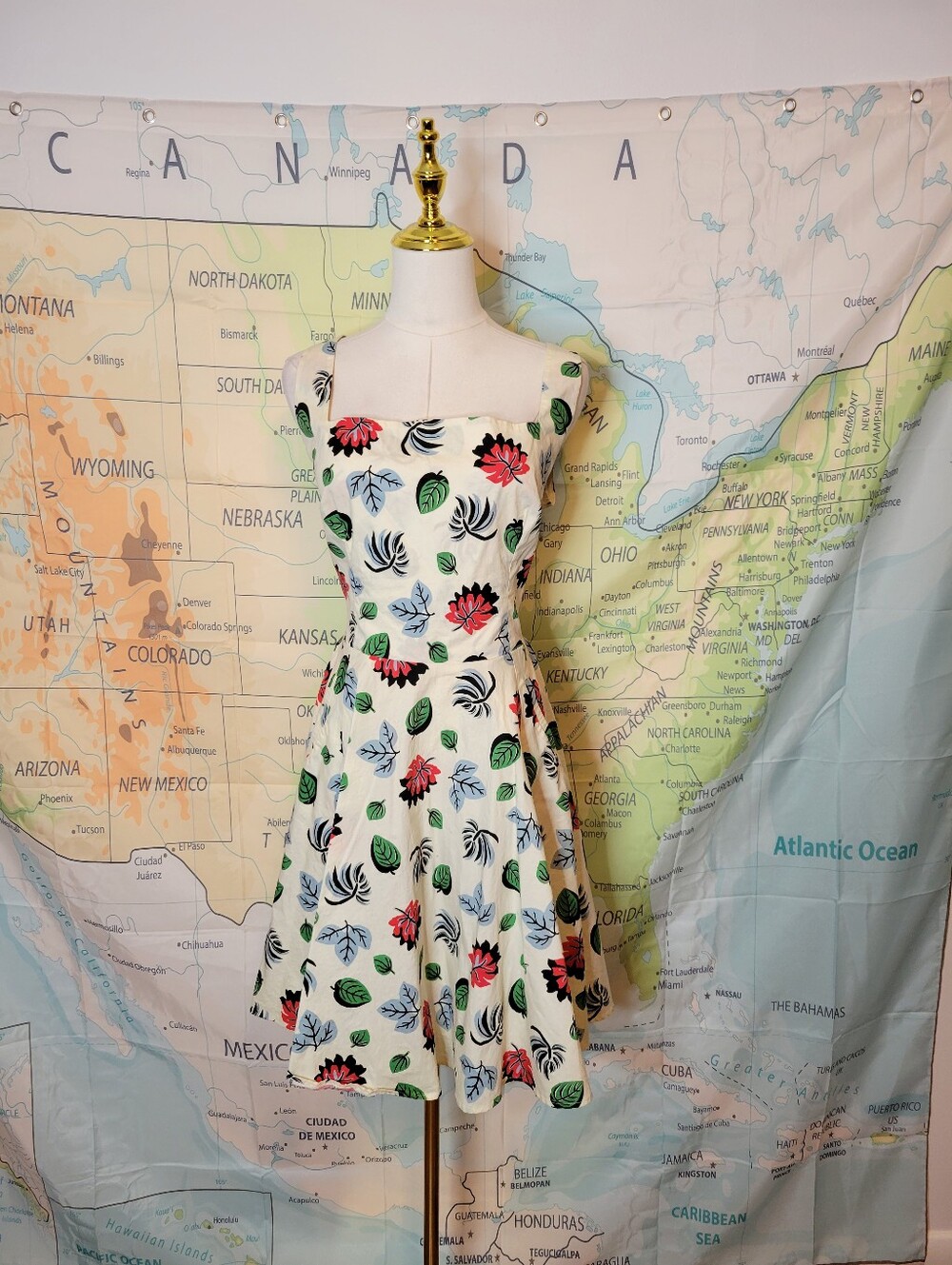 Golightly Floral Fit-and-Flare Dress in Cream with Pink & Green Print